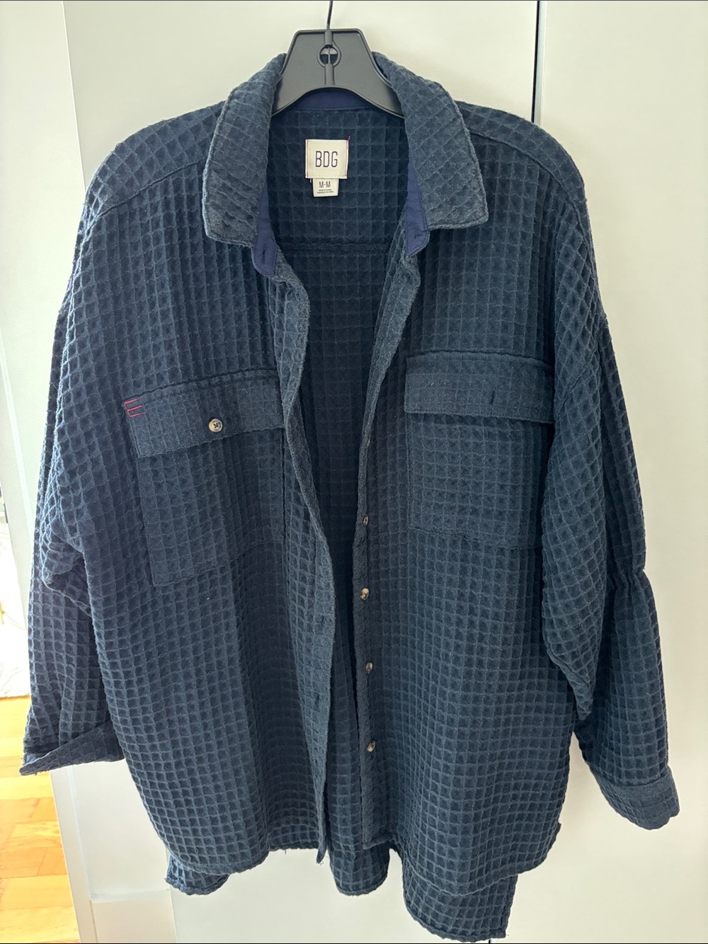 BDG Navy Waffle-Knit Shirt Jacket